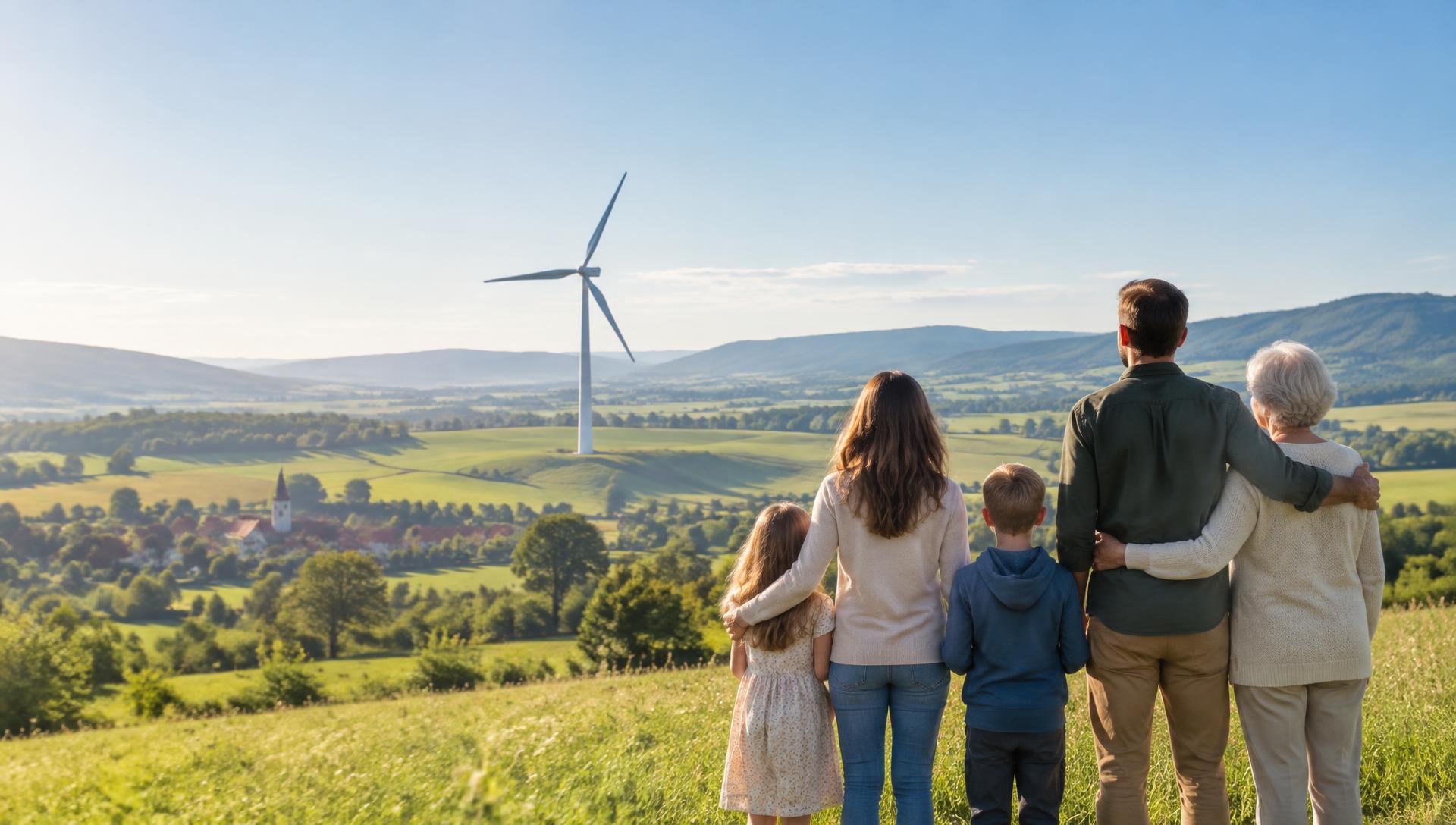 Turbina wiatrowa w zielonym krajobrazie gminy